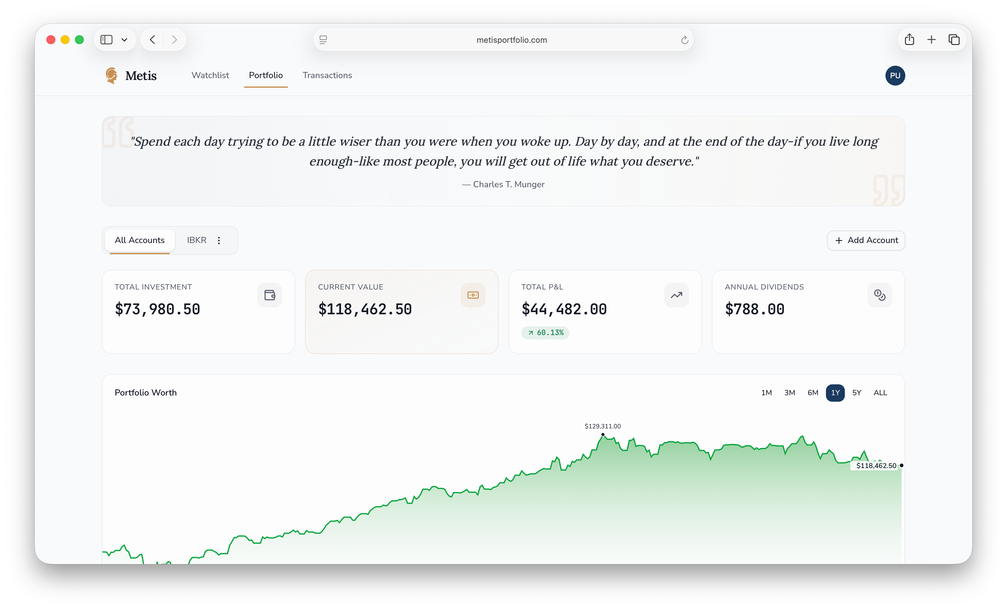 Metis dashboard showing stock holdings, performance metrics, and portfolio valuations across multiple brokerage accounts