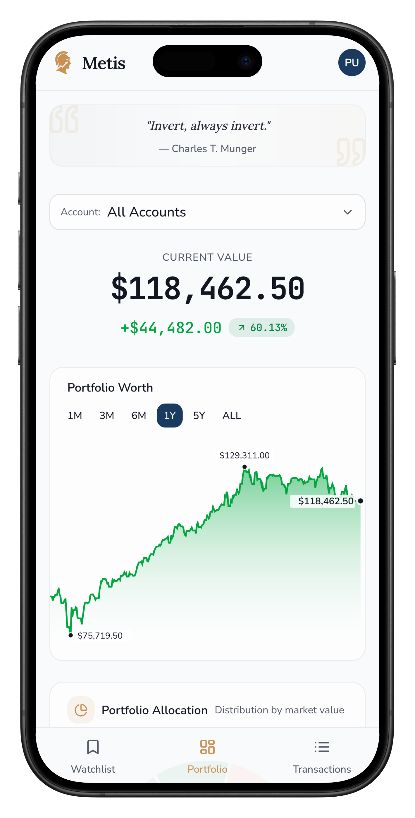 Metis dashboard showing stock holdings, performance metrics, and portfolio valuations across multiple brokerage accounts