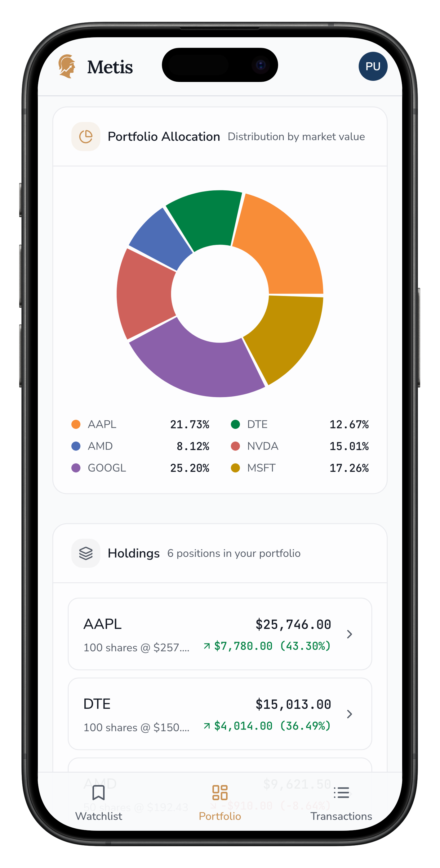 Metis portfolio overview with unified holdings view, real-time valuations, and multi-currency support